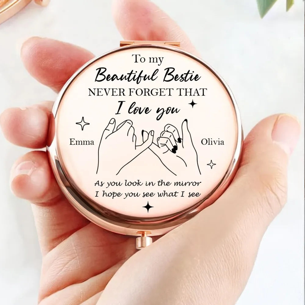 Metal Compact Mirror With Bestie Love Quote And Pinky Promise Drawing, Thoughtful Personalized Gift For Friends