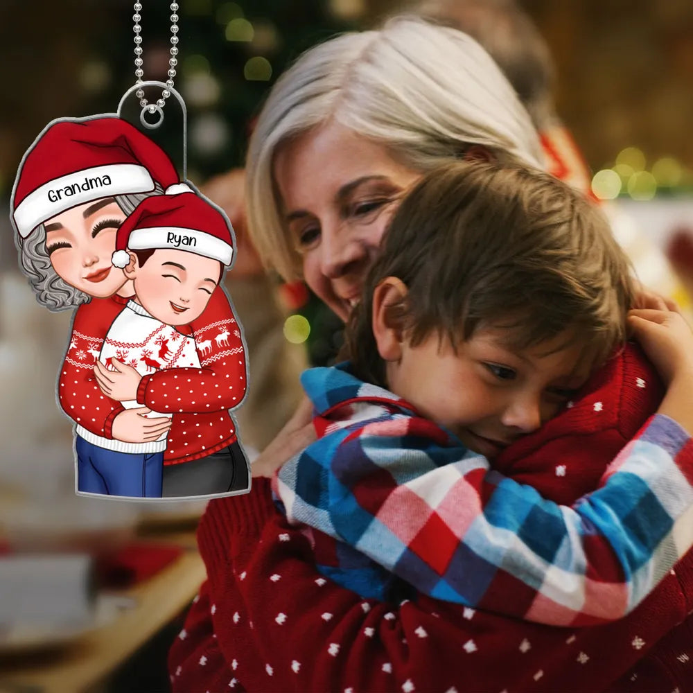 Acrylic Ornament with Grandma & Granddaughter Hug Design, Christmas Sweater Style, Clear Print, Perfect Holiday Gift