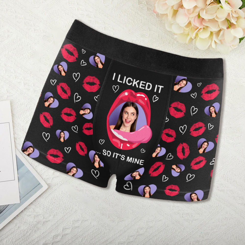 "I Licked It So It’s Mine – Funny Personalized Boxer Briefs for Husband with Your Face"