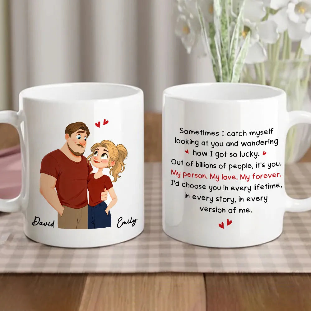 Personalized Couple Quote Ceramic Mug, Hugging Illustration for Morning Coffee, Unique Romantic Gift for Him or Her
