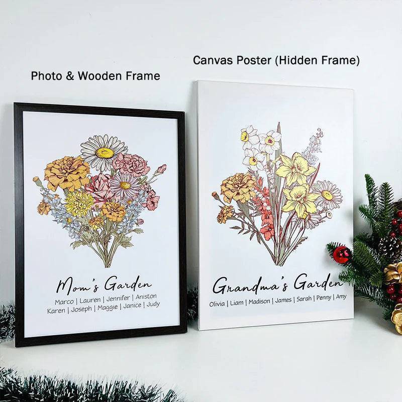 Family Blossoms - Custom Birth Flower & Names Artwork - Personalized Canvas or Poster for Your Home