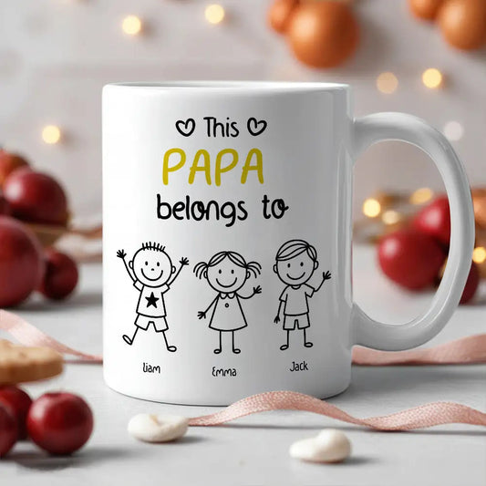 This Grandpa Belongs To – Personalized White Ceramic Mug with Grandkids' Names, Cute Gift for Grandfather