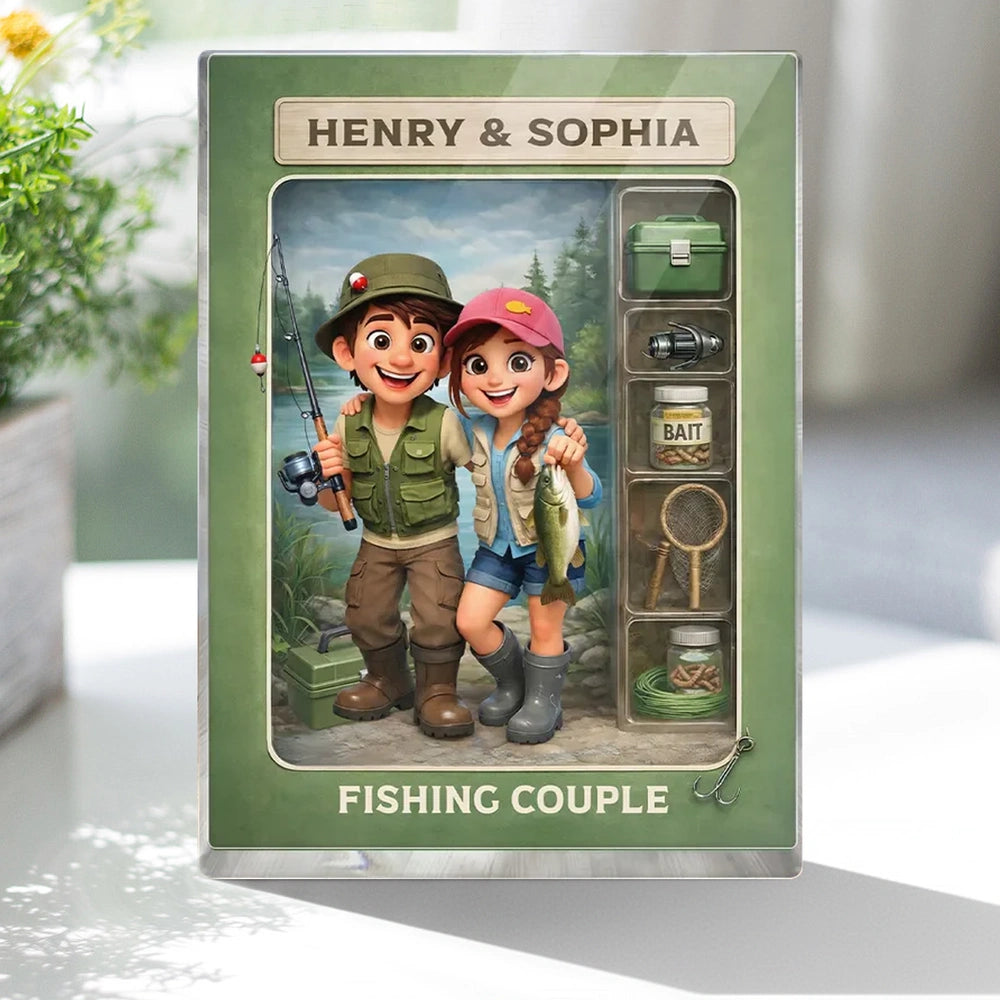Personalized Rectangle Acrylic Block Plaque Fishing Couple Cartoon Keepsake for Lake-Loving Partners, Unique Creative Gift