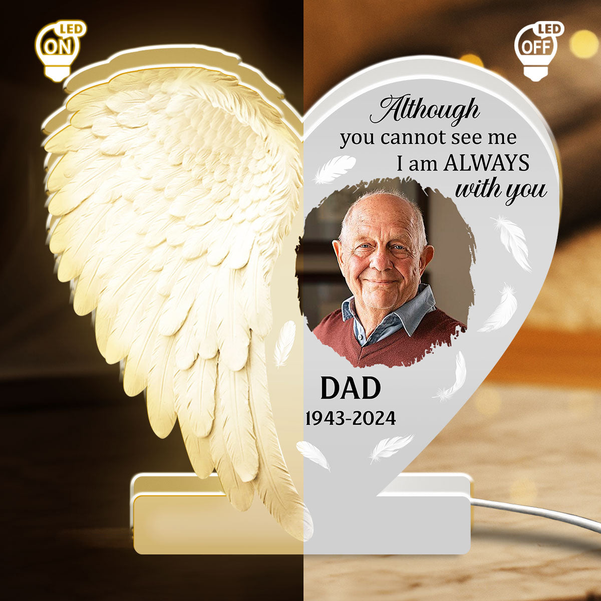 Personalized Acrylic Light Box Memorial for Dad with Angel Wings, Soft Warm Glow Keepsake, Unique Sympathy Gift