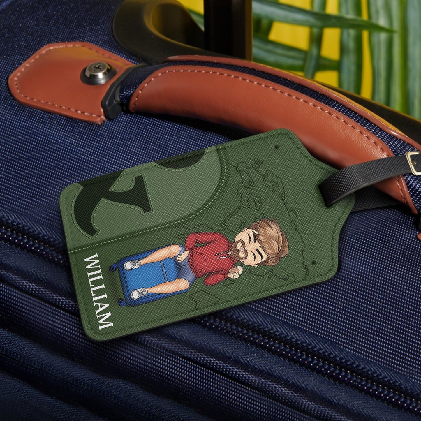 Leather Luggage Tag Set of 2, Personalized for Couples, cartoon couple on suitcase, easy to spot, a unique gift for travelers