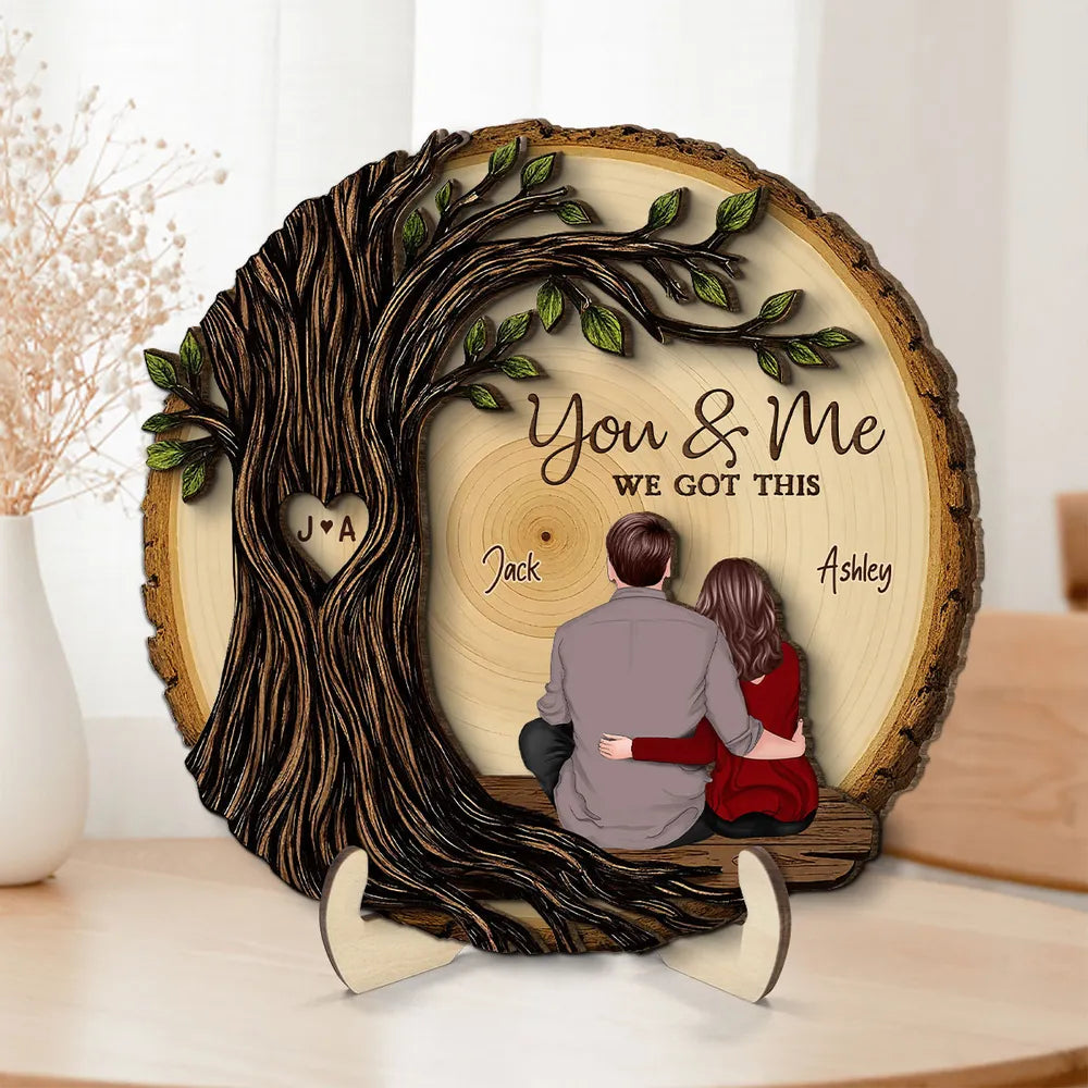 Personalized 2-Layer Wooden Plaque, Couple Sitting Back View Under Heart Tree, Unique Romantic Gift for Your & Me Moments