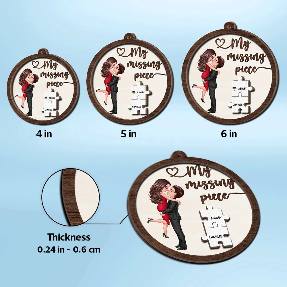 My Missing Piece Couple Hugging Kissing Personalized 2-Layer Wooden Ornament or Plaque or Keychain or Cup