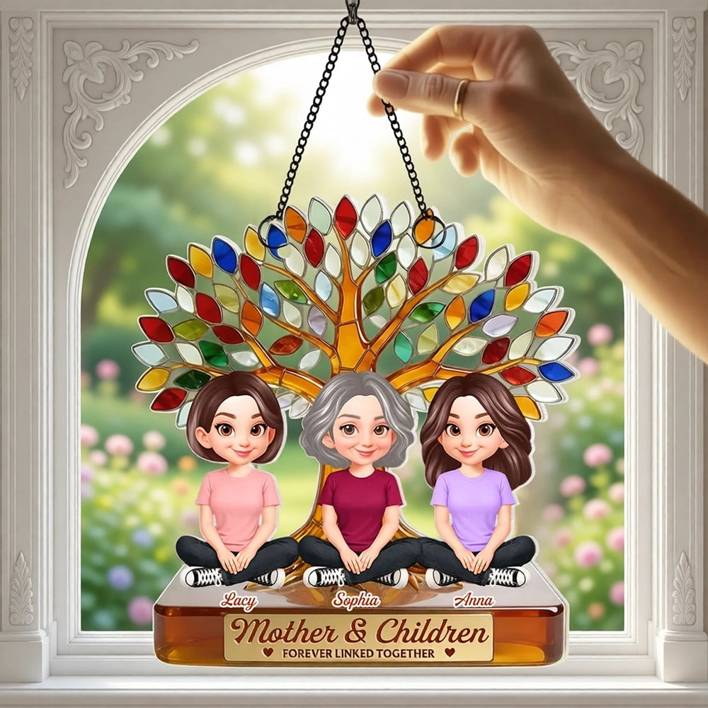 Personalized Acrylic Suncatcher Ornament for Mom, Mother and Children Under Colorful Tree, Unique Gift That Lights Up Any Window