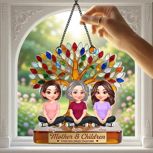 Personalized Acrylic Suncatcher Ornament for Mom, Mother and Children Under Colorful Tree, Unique Gift That Lights Up Any Window