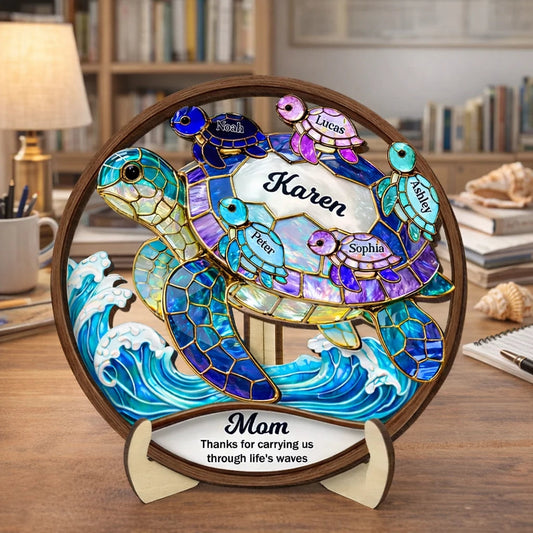 2-Layer Wooden Plaque with Stained-Glass Style Sea Turtle and Heartfelt Message - Personalized Gift for Mom