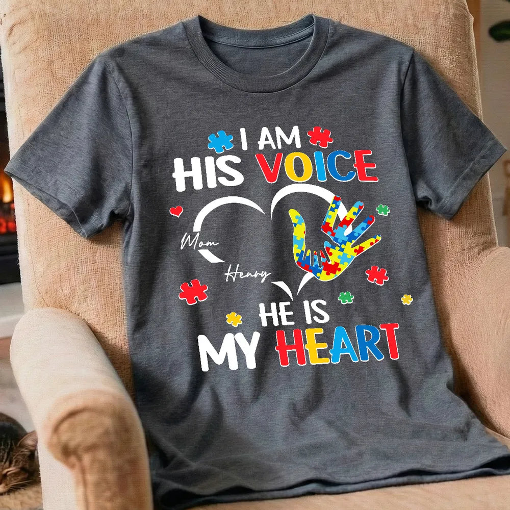 Personalized Autism Awareness Classic Tee I Am His Voice He Is My Heart Puzzle Hand Unique Gift for Mom