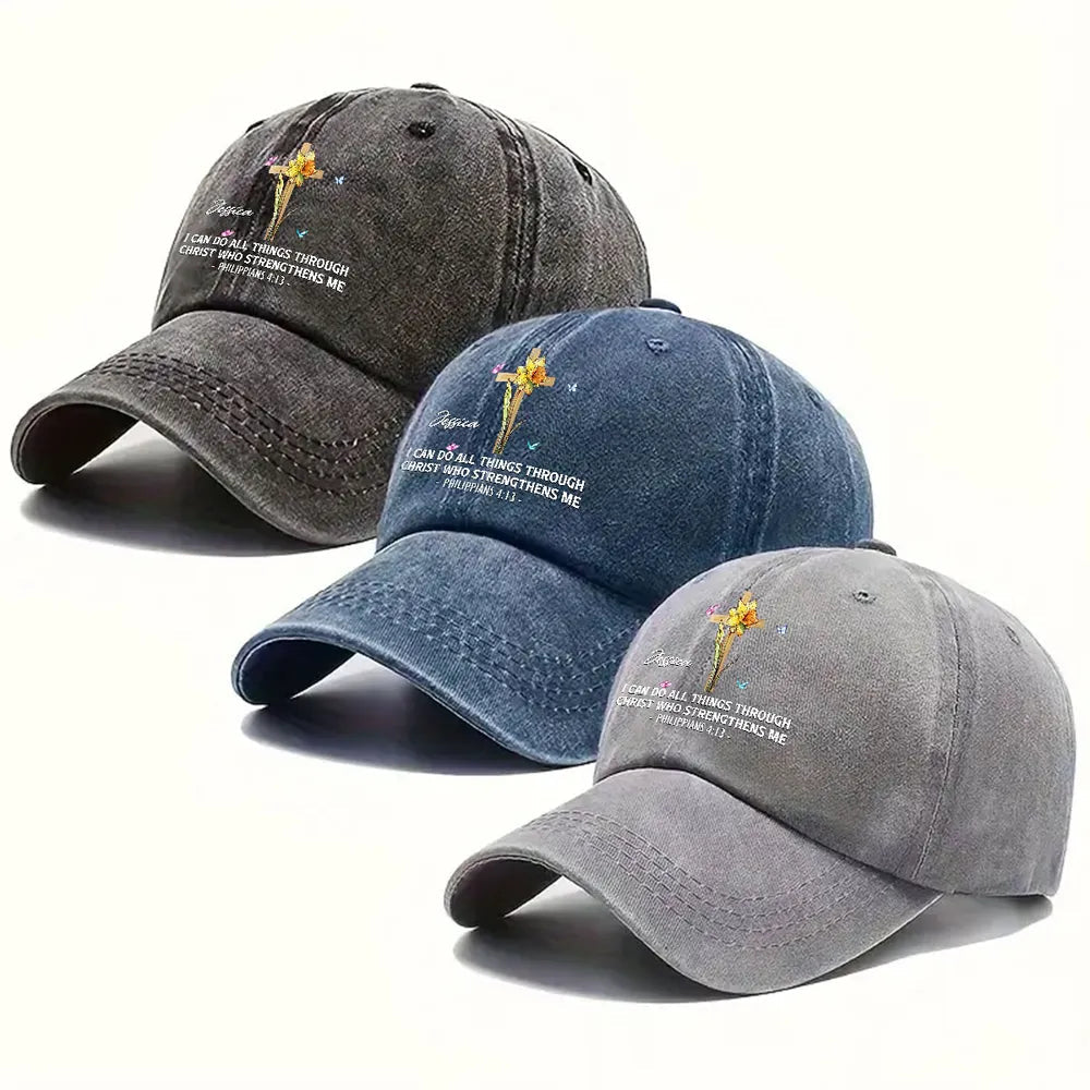 Personalized Washed Denim Baseball Cap With Faith Quote And Floral Cross Vintage Look Unique Christian Gift