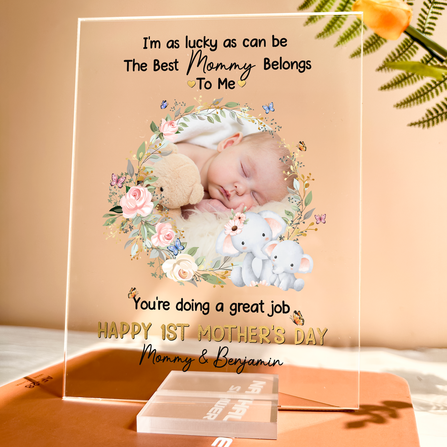 Personalized Baby Plaque with Sweet Floral Elephants Design