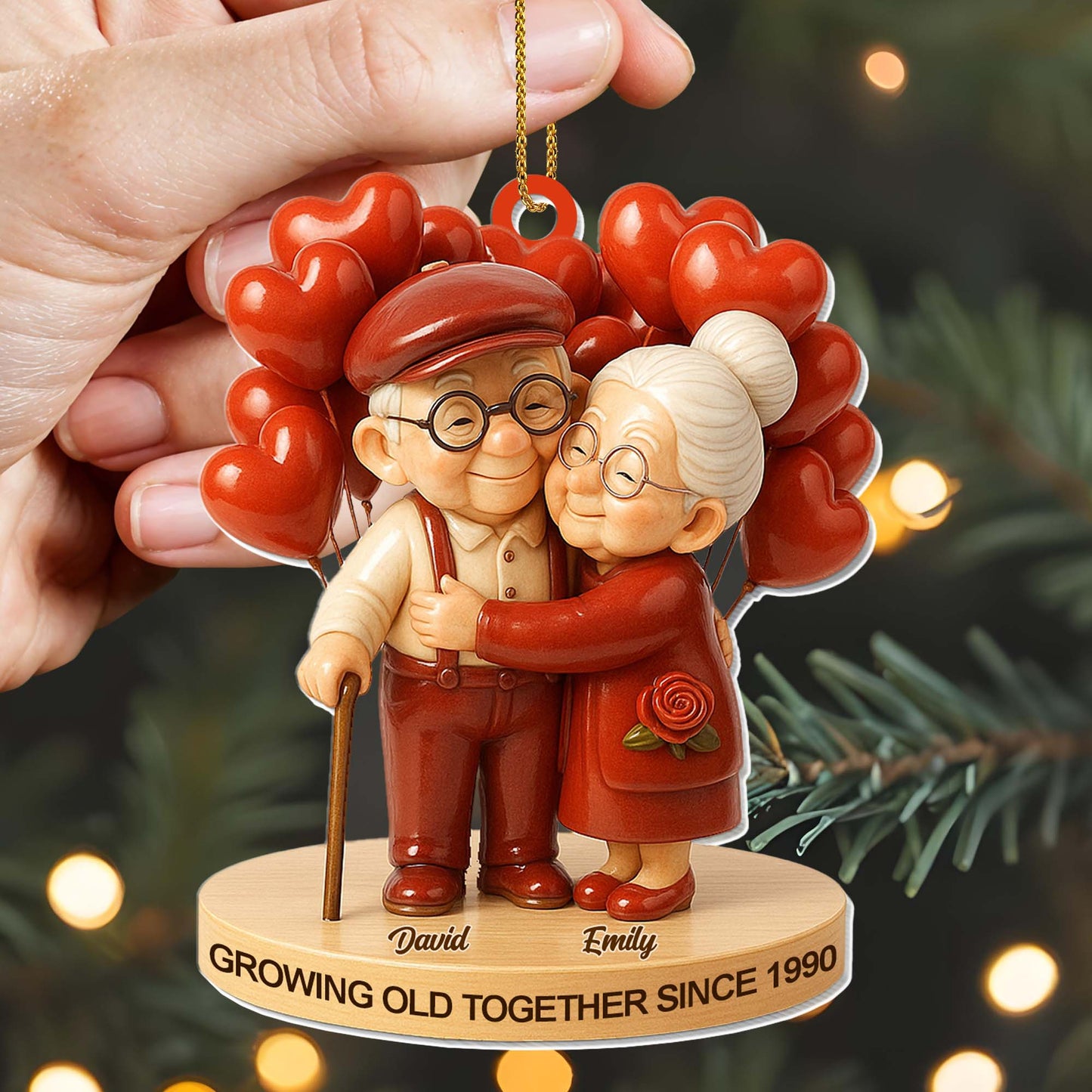 Personalized Acrylic Ornament Cute Elderly Couple Hugging With Heart Balloons Holiday Decor Unique Gift For Couples