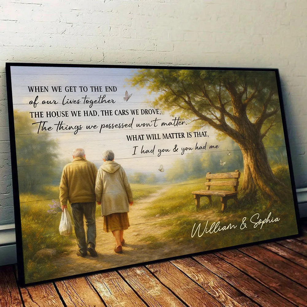 Custom Couple Poster Wall Art – Elderly Pair on Forest Path, Heartfelt Personalized Print, Romantic Keepsake Gift for Lifelong Partners