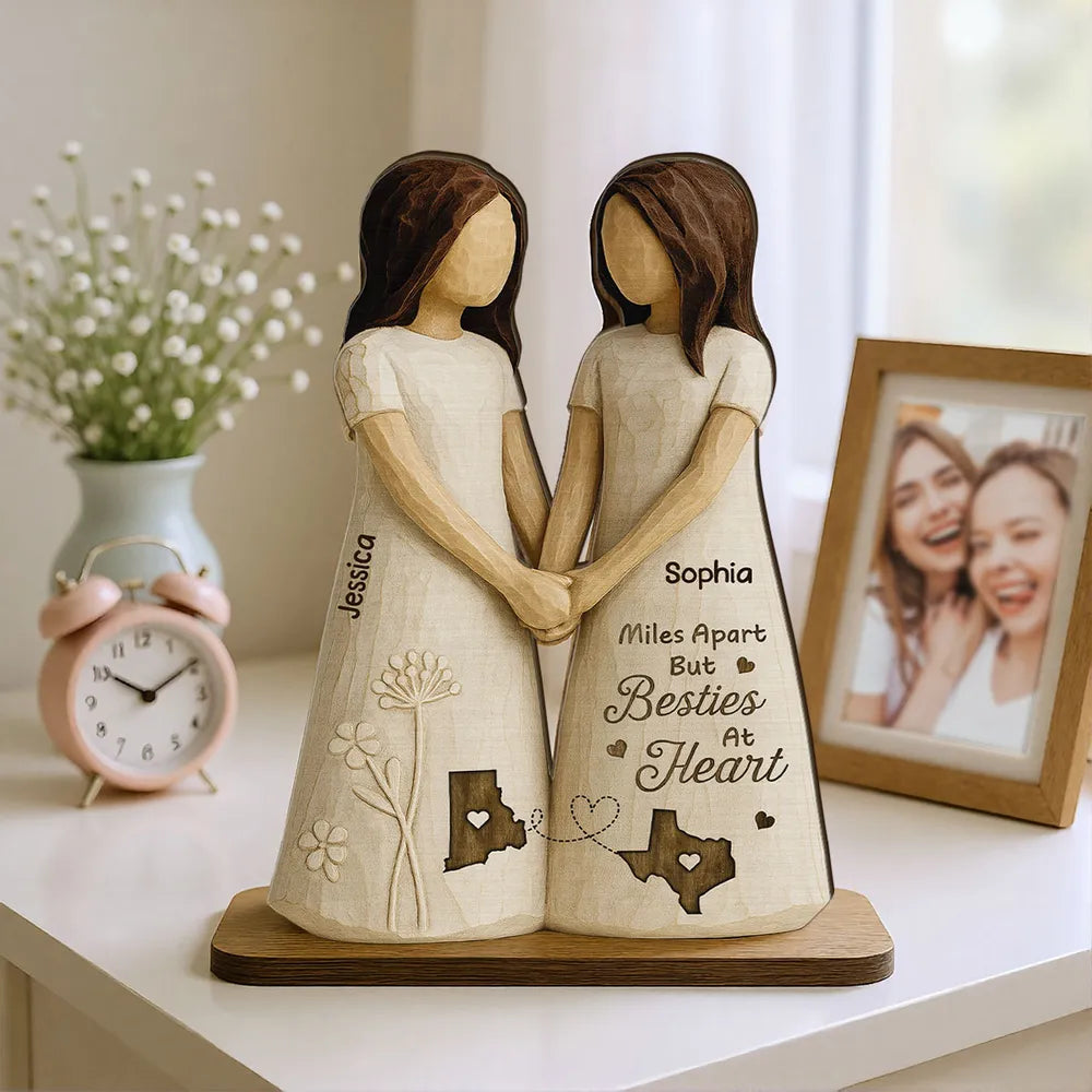 Personalized Wooden Plaque Besties At Heart Long-Distance Friends Holding Hands Rustic Shelf Decor Unique Gift