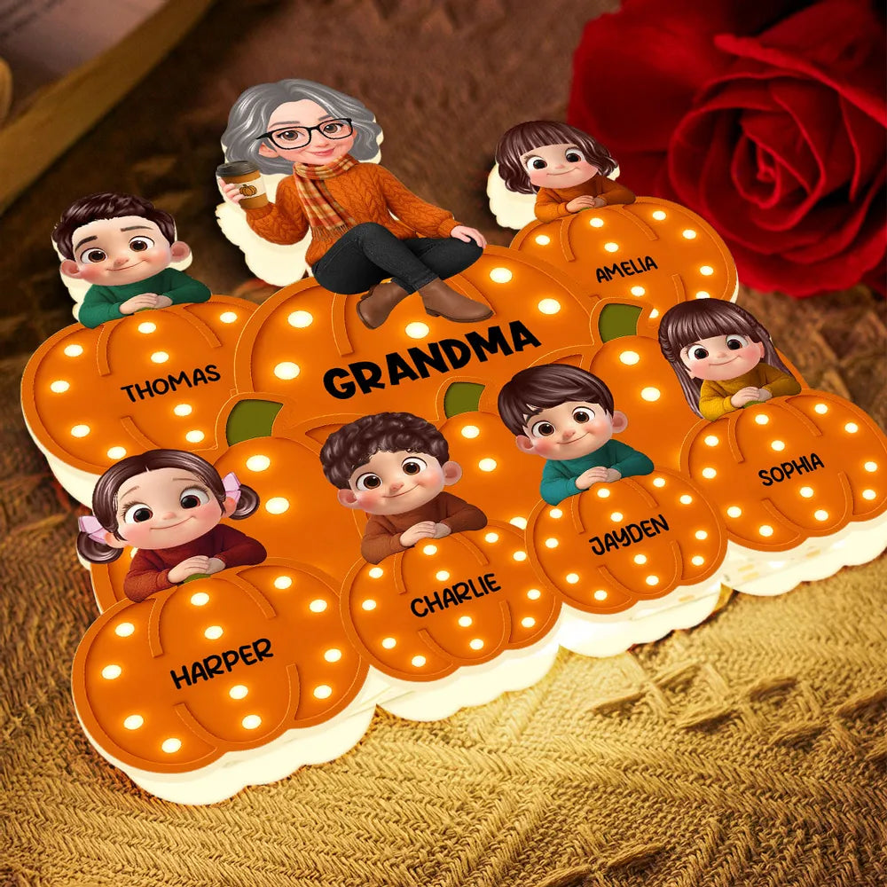 Personalized Acrylic Light Box for Grandma and Grandkids, pumpkin stack design, warm glow, fall décor keepsake, perfect gift for Halloween and Thanksgiving