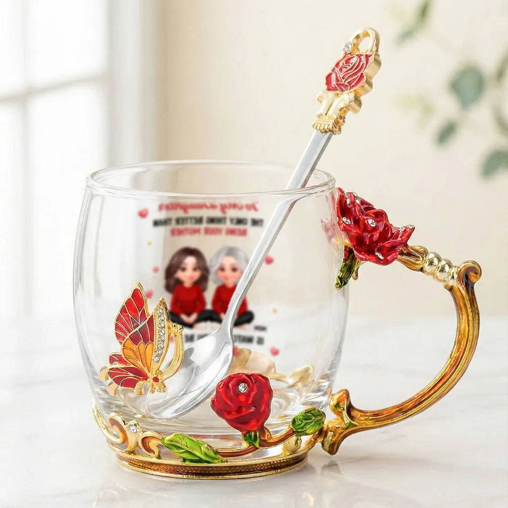 Personalized Enamel Flower Tea Cup with Mom and Daughter Illustration, Sweet Mother and Daughter Gift for Mother's Day