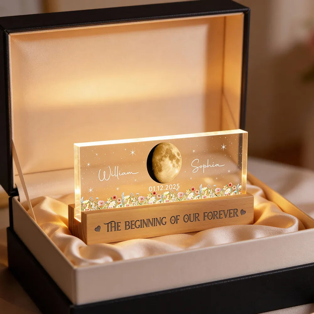 Personalized Moon Phase Block LED Light Plaque With Floral Stars, Romantic Bedside Decor, Unique Couple Gift