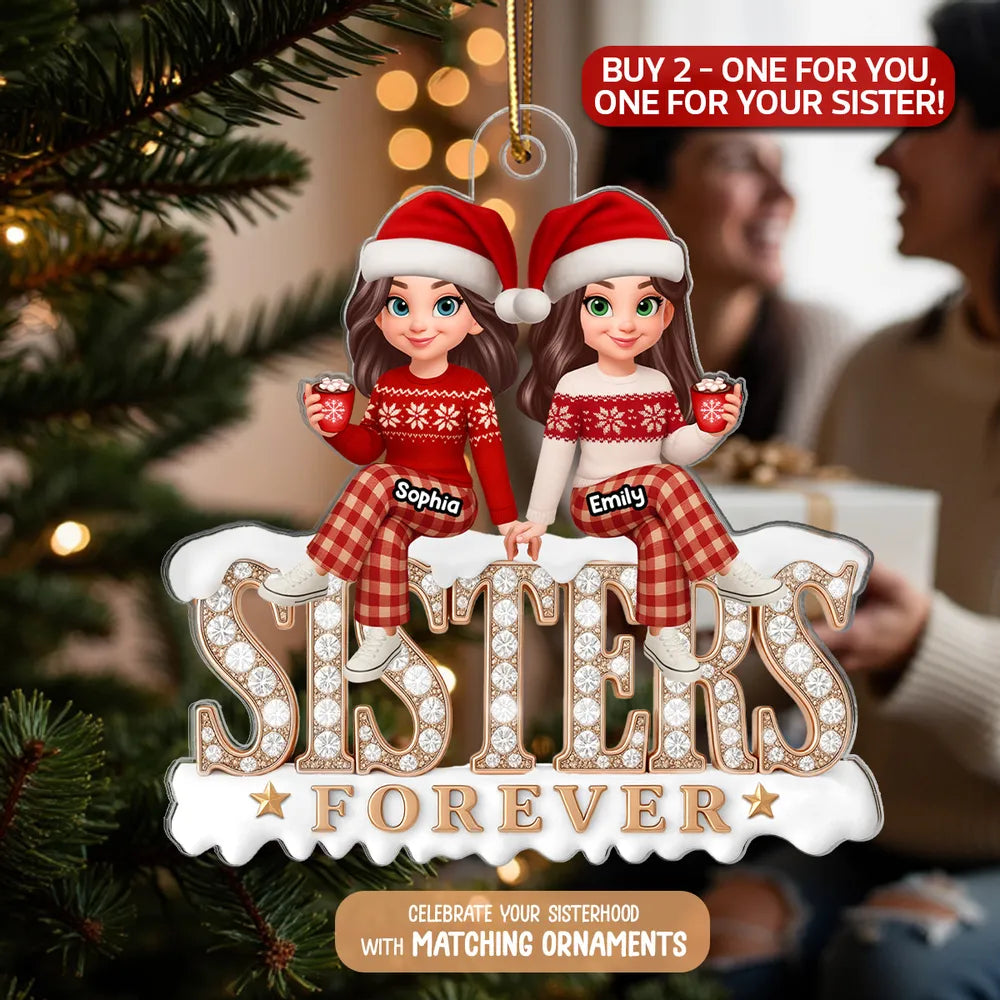 Sisters Forever Acrylic Ornament, Santa Hat Sisters with Cocoa, Christmas Tree Decor, unique gift for Sister