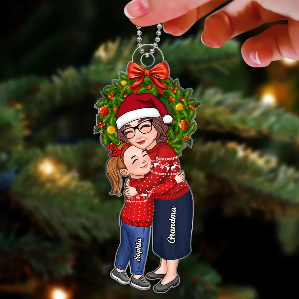 Grandma or Grandpa Hugging Grandchild Inside Wreath Personalized Ornament, Heartfelt Christmas Gift for Grandparents