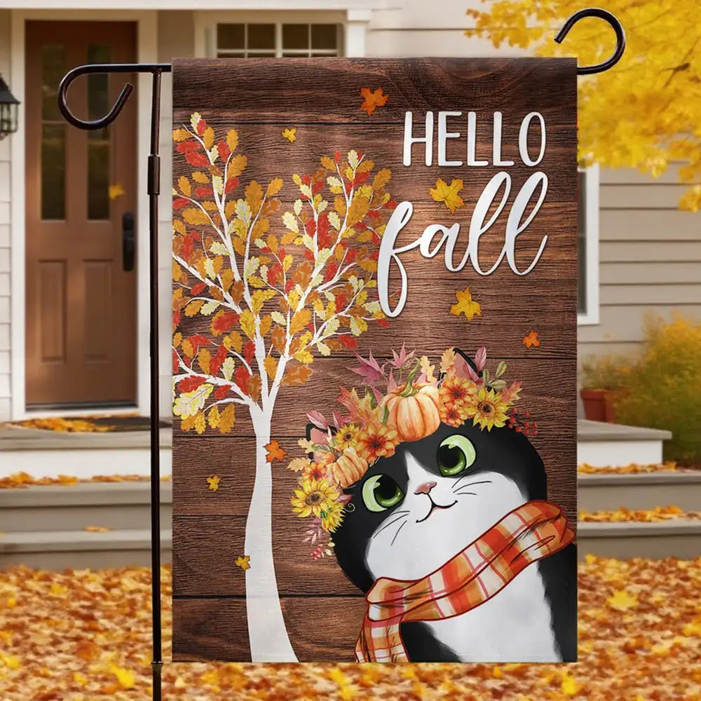 Fall Garden Flag, Cute Cats with Pumpkin Floral Crown and Cozy Autumn Vibes for Outdoor Decoration