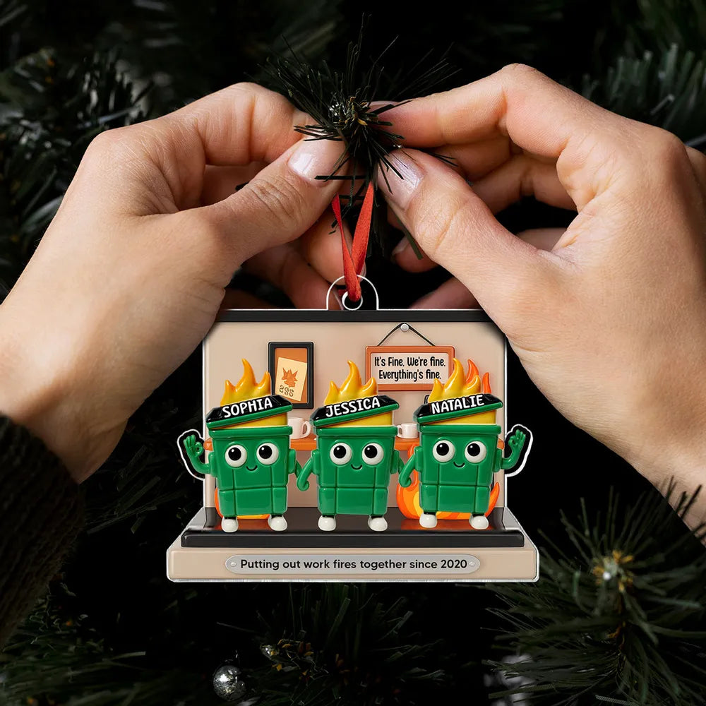 Funny Office Acrylic Ornament With Flaming Trash Cans, Unique Coworker Gift For Desk Or Tree