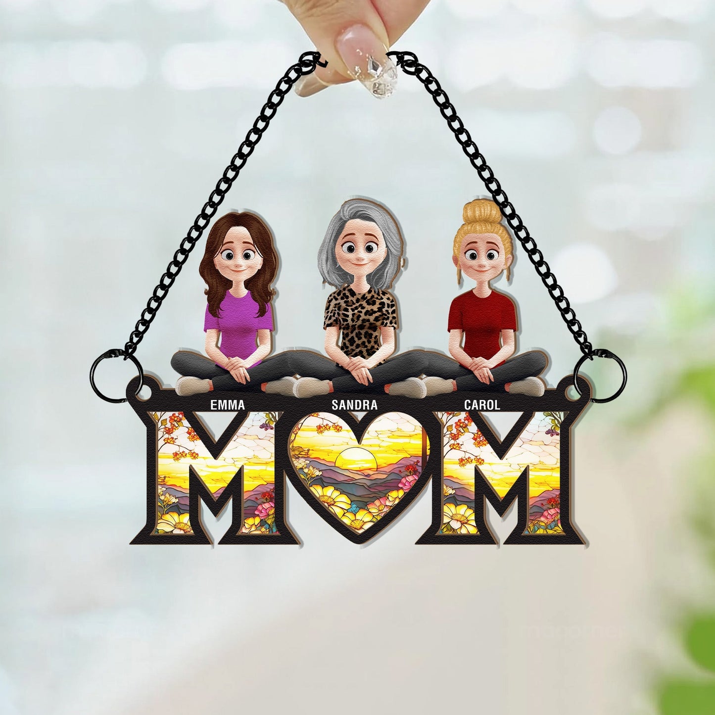 Personalized Wood and Acrylic Layered Ornament – Custom 'MOM' Hanging Ornament with Names of Children – Unique Gift for Mother’s Day, Birthdays, or Special Occasions