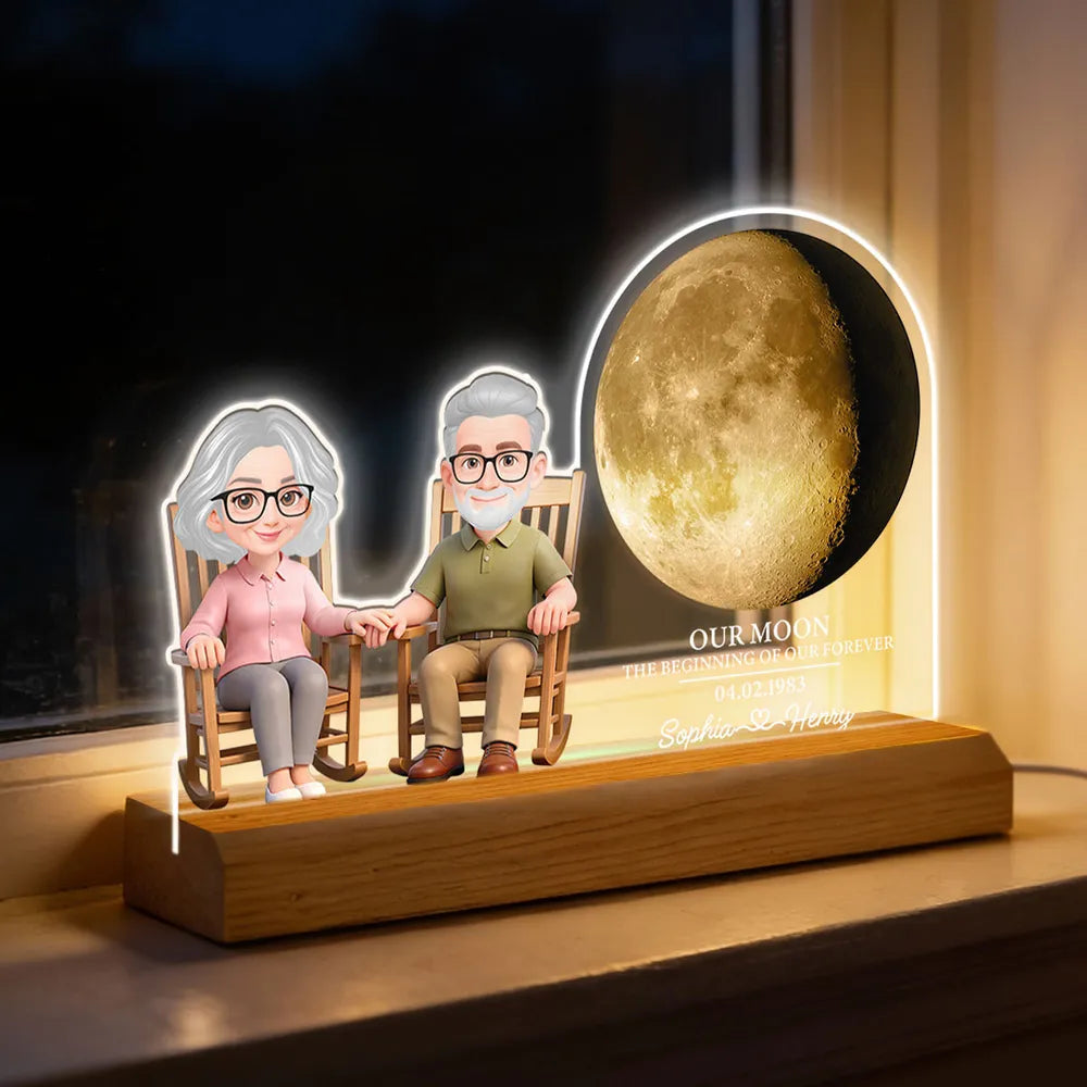 Custom Shaped Acrylic Block LED Plaque, Cozy Rocking Chair Couple Under a Glowing Moon - Romantic Keepsake Gift