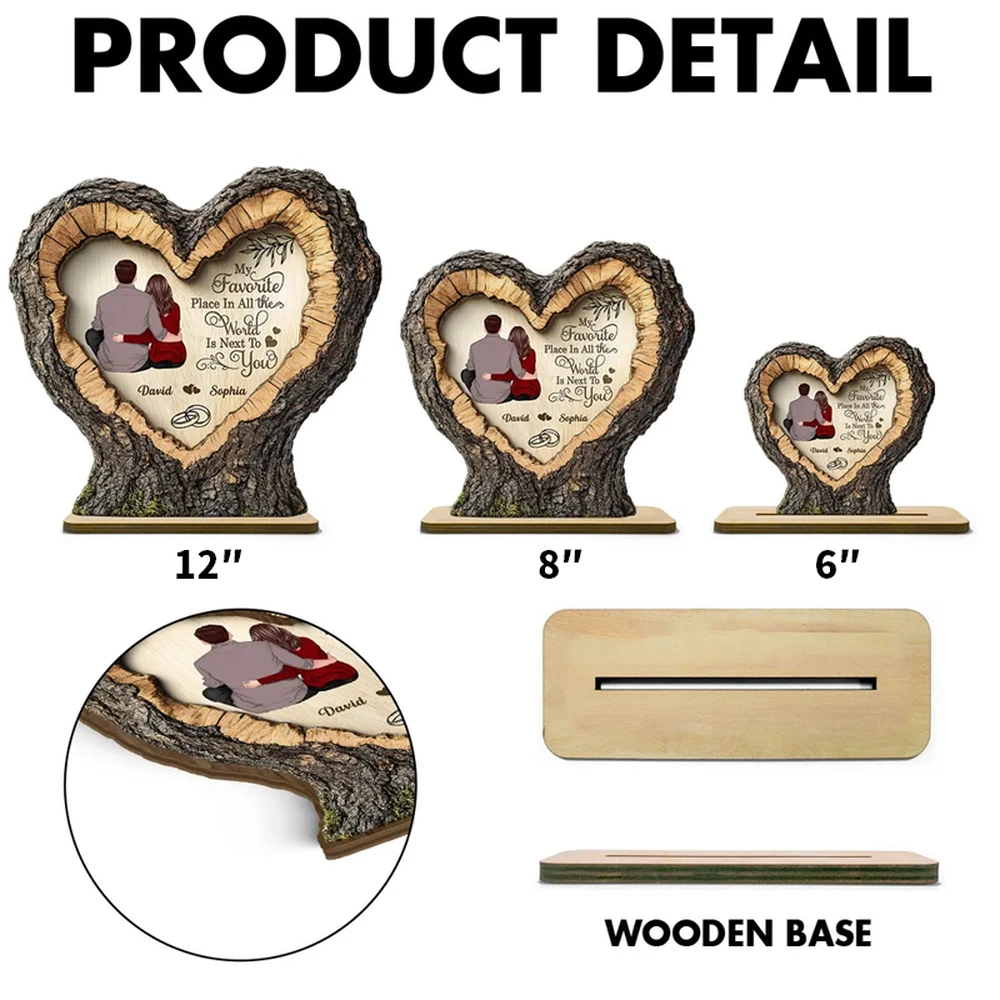 Personalized 2-Layer Wooden Plaque Heart Tree Ring Couple Hugging Unique Gift for Wife or Husband, My Favorite Place Is Next To You