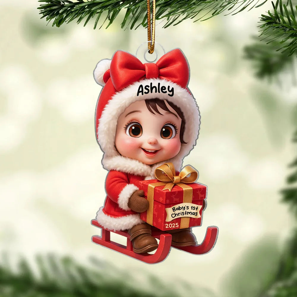 Acrylic Ornament with Baby in Santa Outfit on Sleigh, High Clarity, Heartwarming Christmas Gift