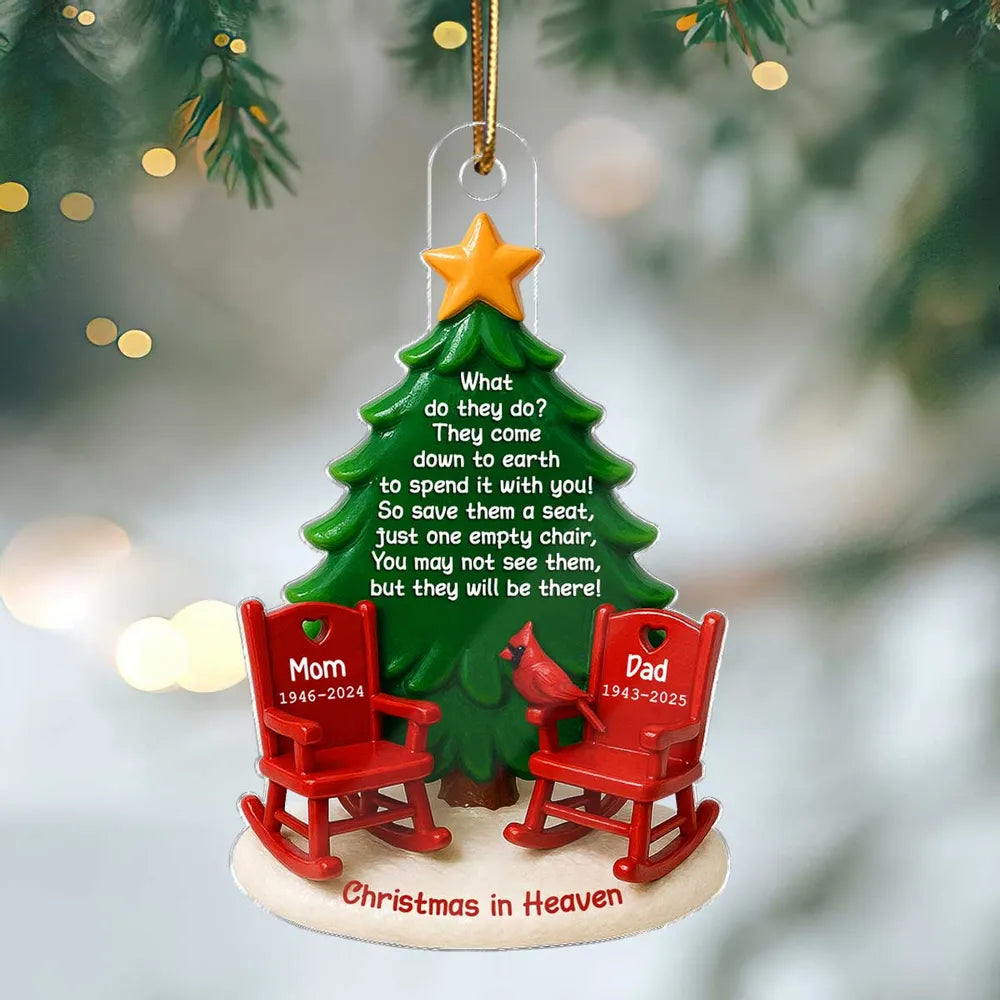 Acrylic Ornament Christmas in Heaven – Red Rocking Chairs & Tree Design, Touching Memorial Gift for Parents or Family