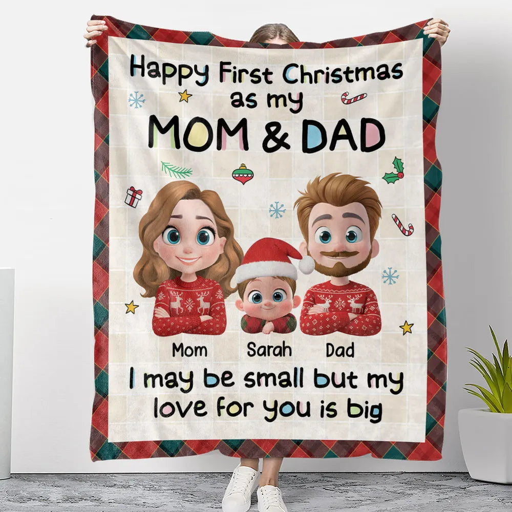 Personalized First Christmas Mom & Dad Fleece Blanket, Cute Cartoon Family, Cozy Keepsake, Unique New Baby Gift