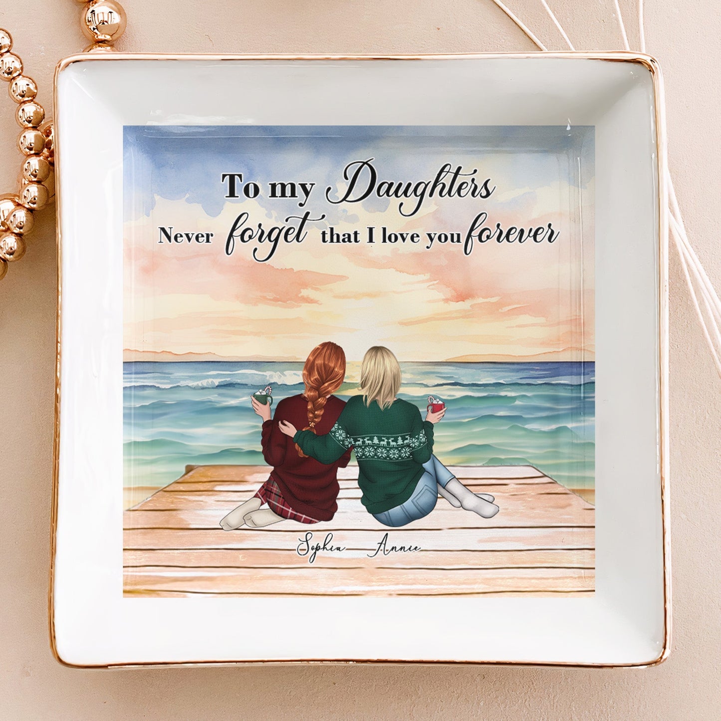 Jewelry Dish with Mother-Daughter Beach Illustration, Heartfelt Keepsake of Love and Affection