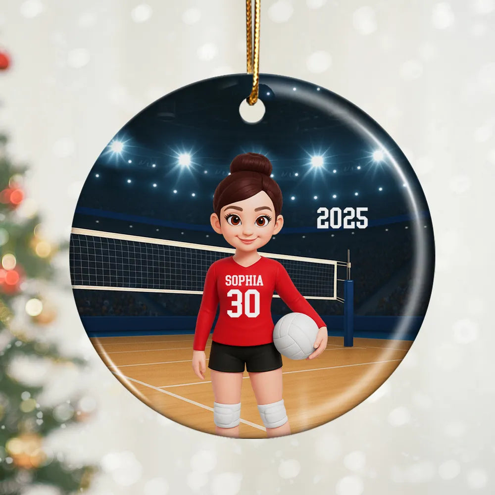 Volleyball Girl Ceramic Ornament with Court Scene, Unique Gift for Teen Athlete or Daughter