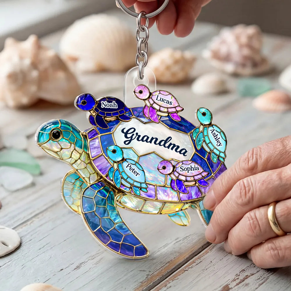 Personalized Sea Turtle Acrylic Keychain for Grandma - Bright Stained Glass Style Beach Charm, Unique Gift for Her