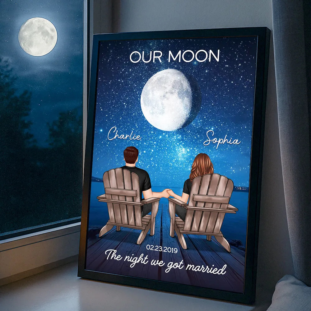 Personalized Moon Poster, Couple Holding Hands by the Ocean at Night, Unique Romantic Gift for Her or Him