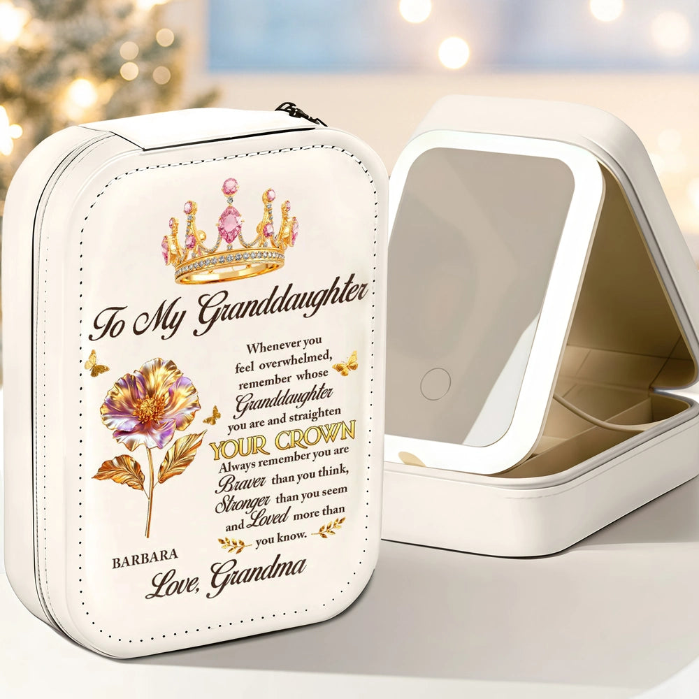 Personalized Leather LED Makeup Case with Crown Quote – Unique Granddaughter Gift from Grandma, Encouraging & Heartwarming Keepsake