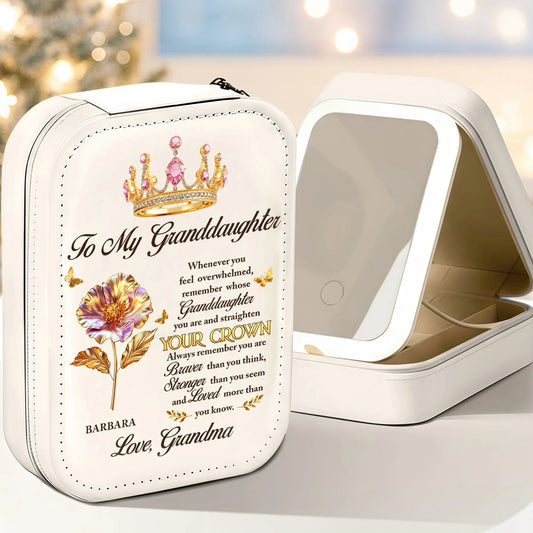 Personalized Leather LED Makeup Case with Crown Quote – Unique Granddaughter Gift from Grandma, Encouraging & Heartwarming Keepsake