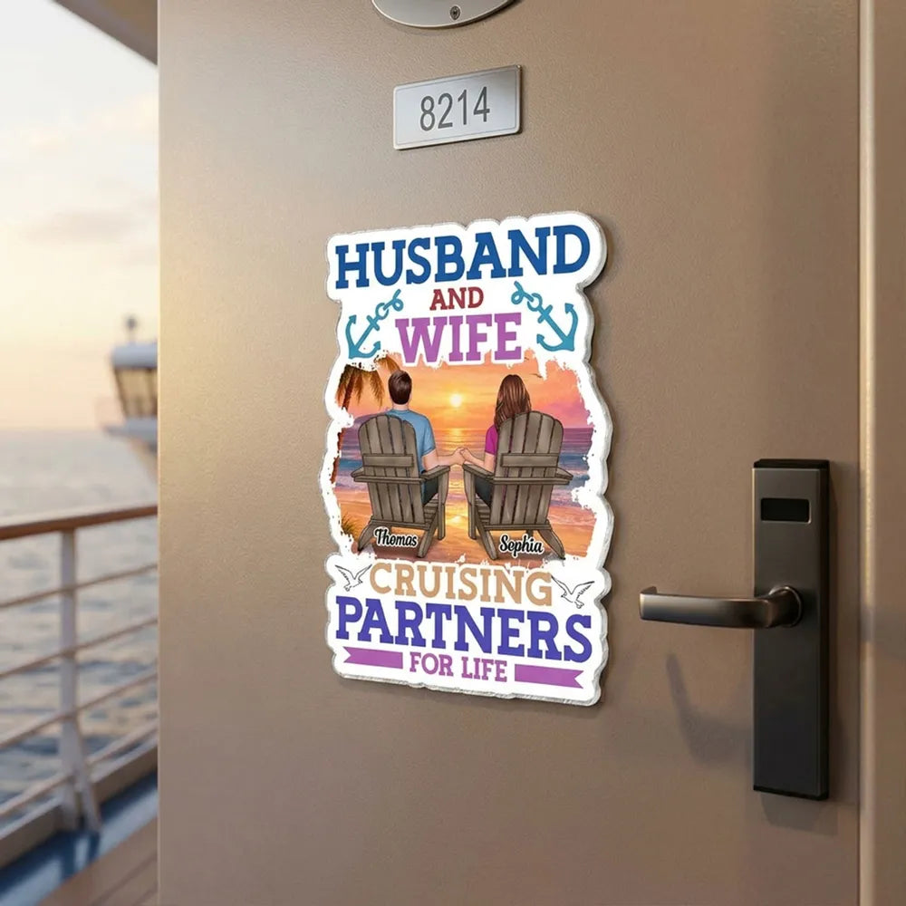 Personalized Acrylic Magnet Cruise Couple Sunset Beach Chairs 'Cruising Partners for Life' Unique Gift for Husband & Wife