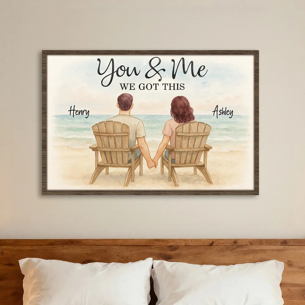 Romantic Seaside Poster, hand-in-hand couple illustration with gentle ocean background, warm modern wall art, heartfelt gift for partners or newlyweds