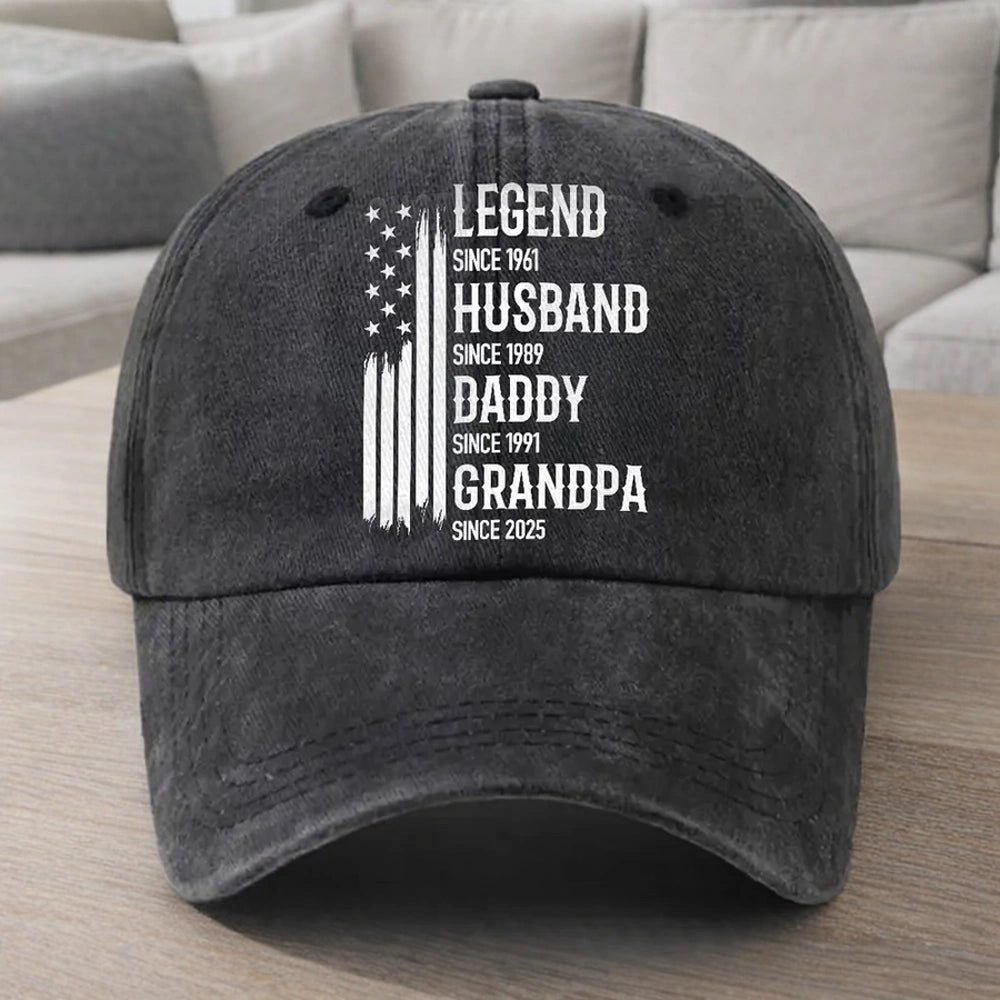 Washed Denim Baseball Cap, Personalized Legend Husband Dad Grandpa Design, Everyday Vintage Look, Creative Gift
