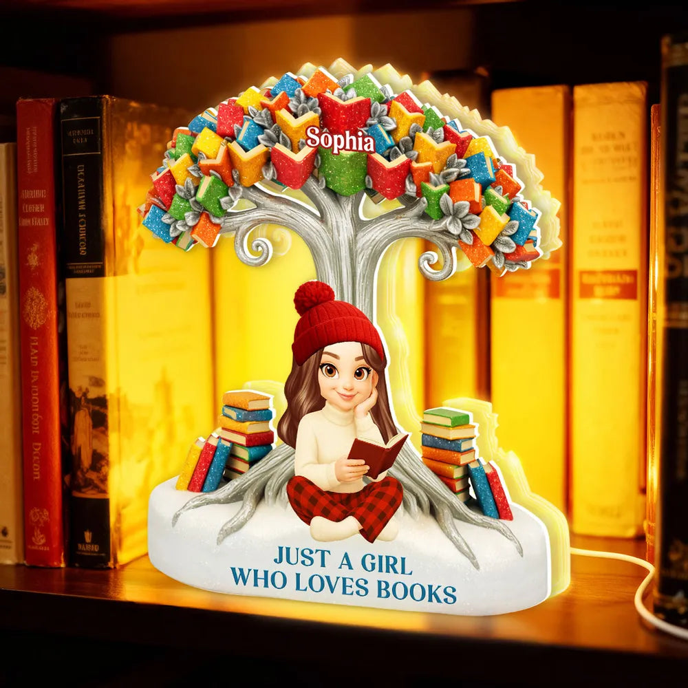 Acrylic Light Box with Reading Girl and Book Tree, Personalized Keepsake for Bedroom or Bookshelf, Thoughtful Gift