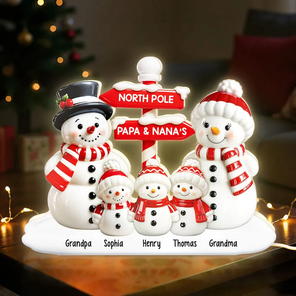 Personalized Acrylic Light Box with Snowman Family, North Pole Sign & Soft Warm Glow – Cute Christmas Decor & Unique Gift for Grandparents