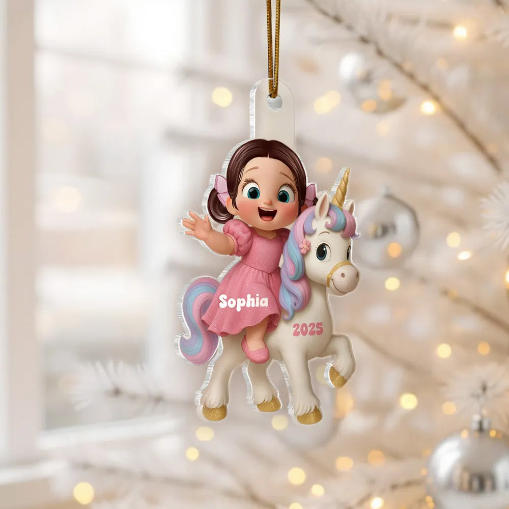 Acrylic Ornament with Girl & Unicorn Cartoon Design, Dreamy Pink Holiday Style, Perfect Gift for Kids and Family