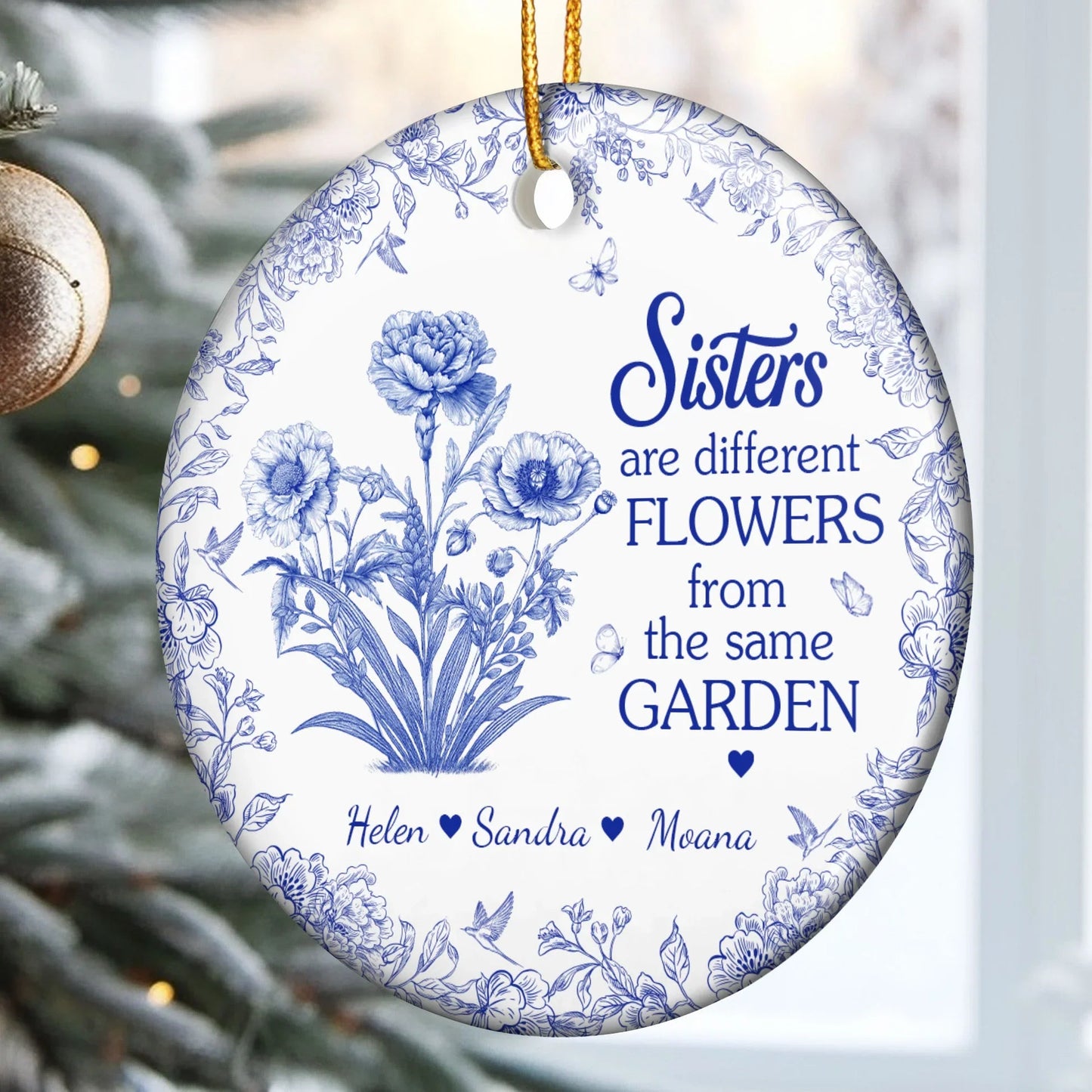 Sisters Ceramic Ornament with Blue Flower Pattern, Sentimental Home Décor and Gift-Ready Keepsake