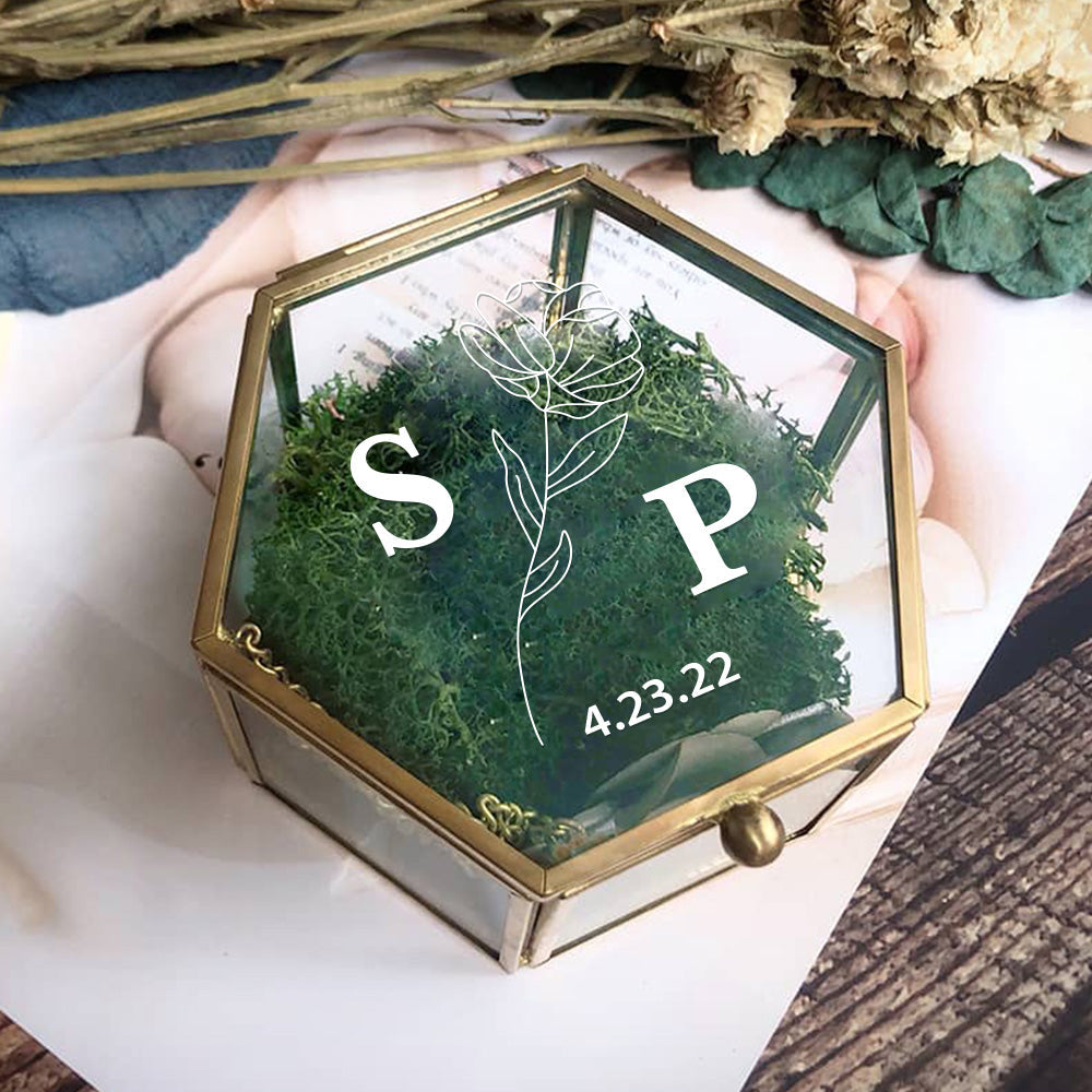 Custom Text - Personalized Initials and Date Hexagon Glass Ring Box