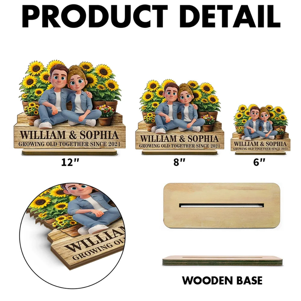 Growing Old Together Since 2-Layer Wooden Plaque with Cozy Couple and Sunflowers Unique Anniversary Gift for Him or Her