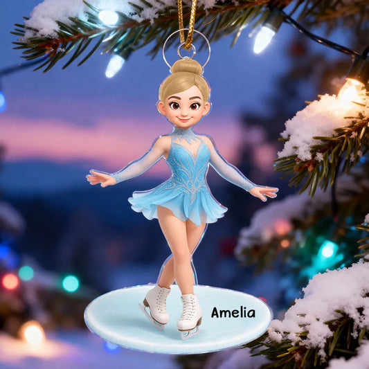 Cute Figure Skater Acrylic Ornament for Holiday Tree, Winter Wonderland Decor and Creative Gift for Daughters and Young Skaters