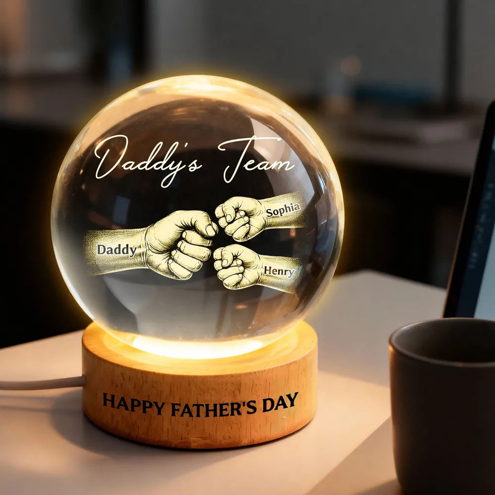 Daddy's Team Globe Lamp, Personalized Fist Bump Family Keepsake, Warm Glow Room Decor, Unique Gift for Dad